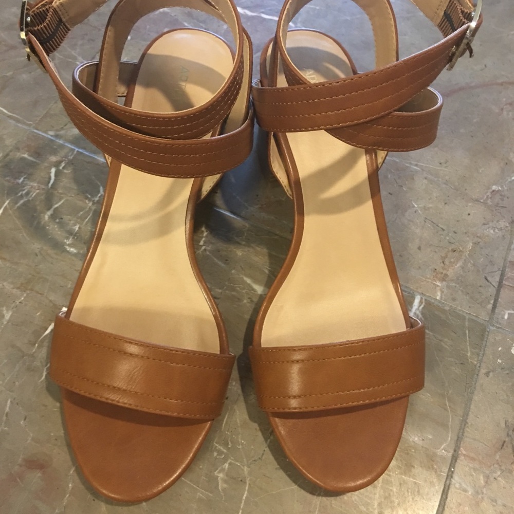 Camel-colored ankle strap sandals